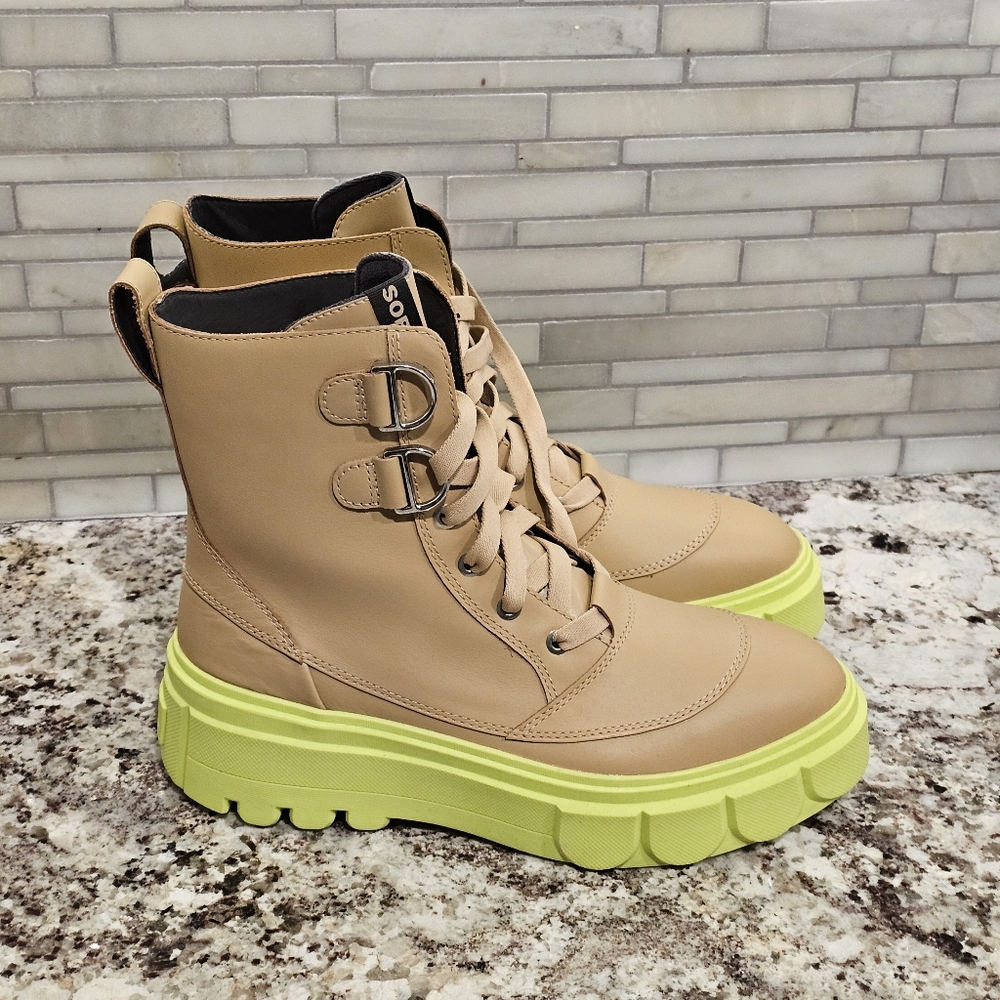 SOREL Caribou X Leather Boot Sz 9 Tan Neon green sole Waterproof - Picture 3 of 9